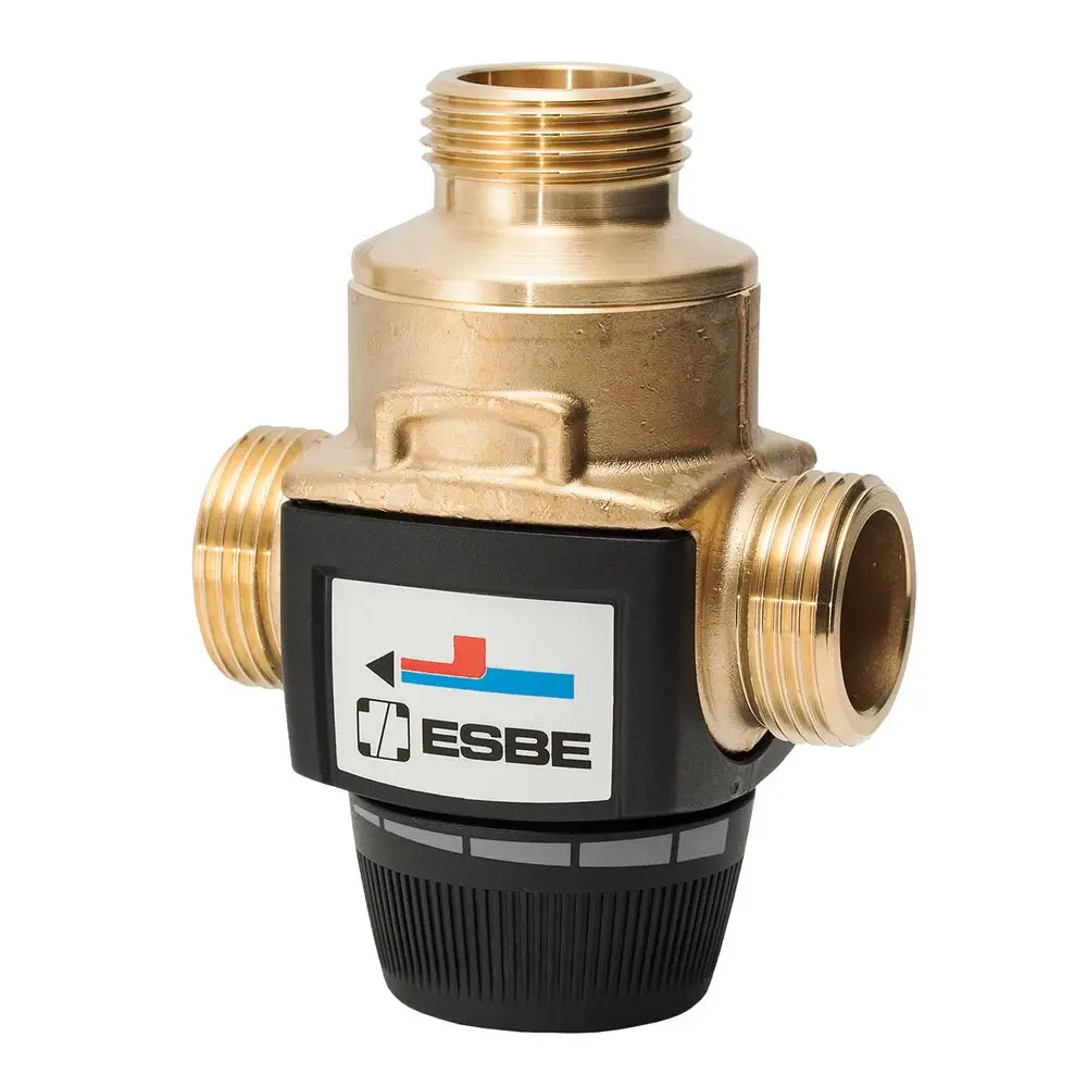 Brass valve with two threaded connections, a black base with a logo indicating flow direction, and a design typical of ESBE products for temperature control.